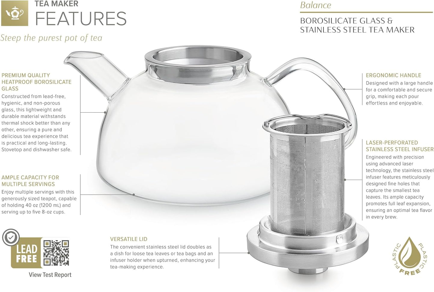 Teabloom Balance Borosilicate Glass Tea Kettle & Teapot – Stovetop-Safe, 40oz – Deep Loose Tea Infuser for Hot & Iced Tea – Elegant & Versatile Design for Tea Connoisseurs