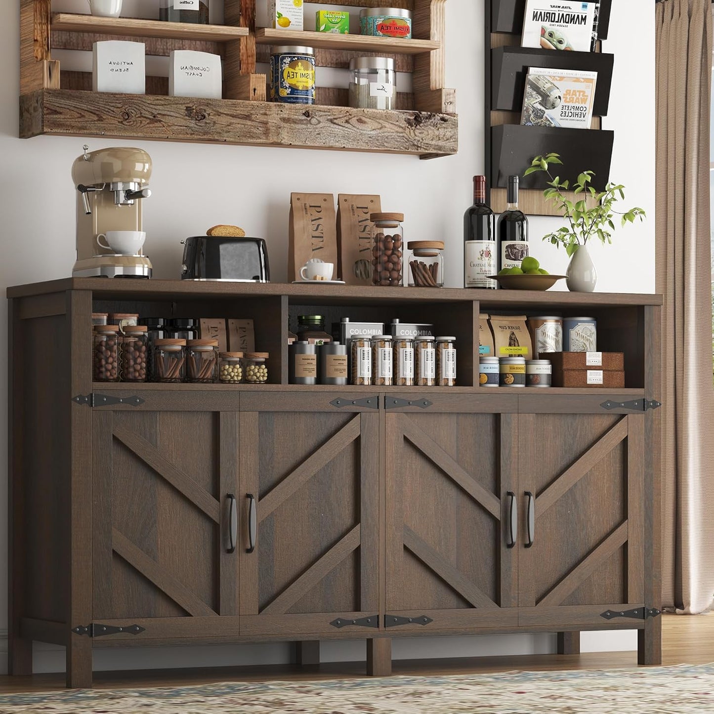 Buffet Sideboard with Storage Farmhouse with 4 Doors, 55'' Large Kitchen Storage Cabinet Wood Coffee Bar Cabinet Buffet Table with Shelves for Kitchen, Dining Room, Entryway (Brown, 55in)