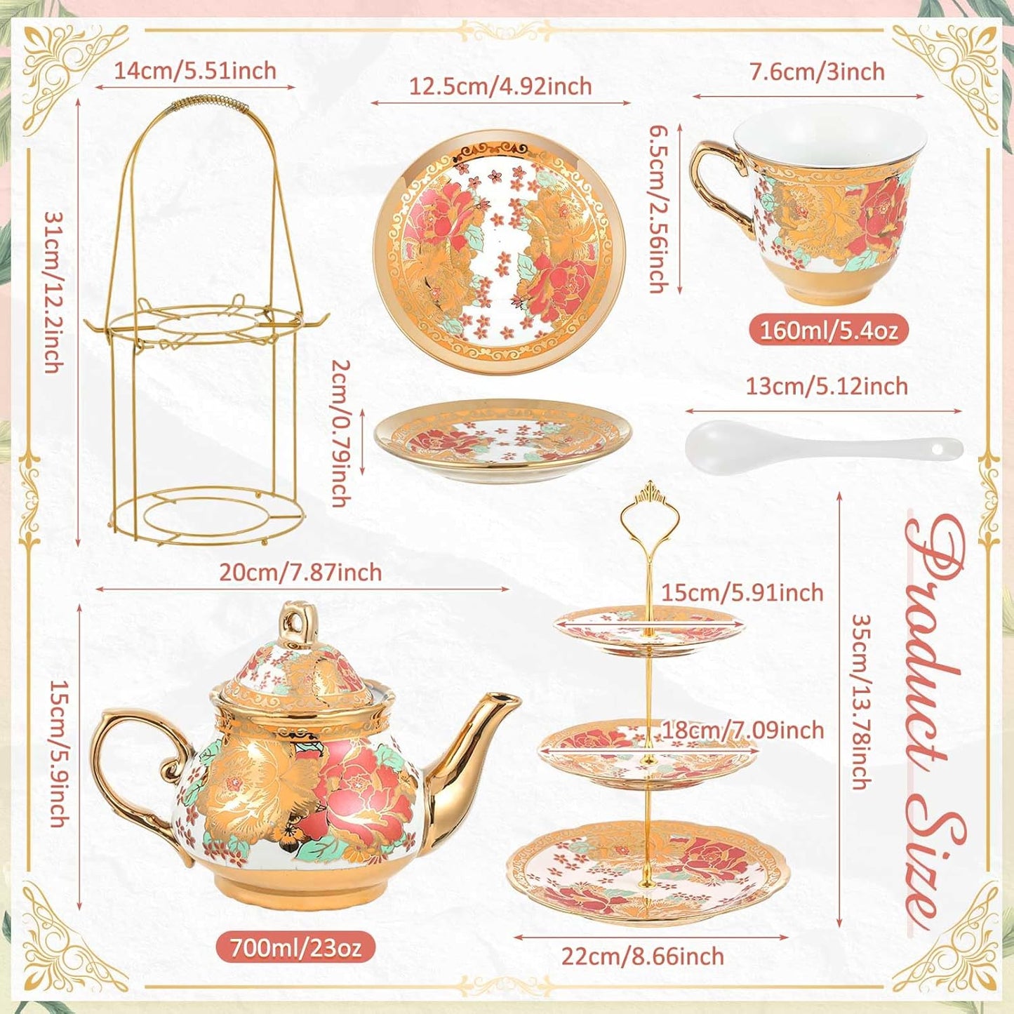 Maxcheck 21 Pcs Tea Party Set for Adults European Floral Tea Set with Metal Holder and 3 Tier Ceramic Cake Stand Porcelain Flower Cup Teapot for Dessert Cupcake(Vintage Style)