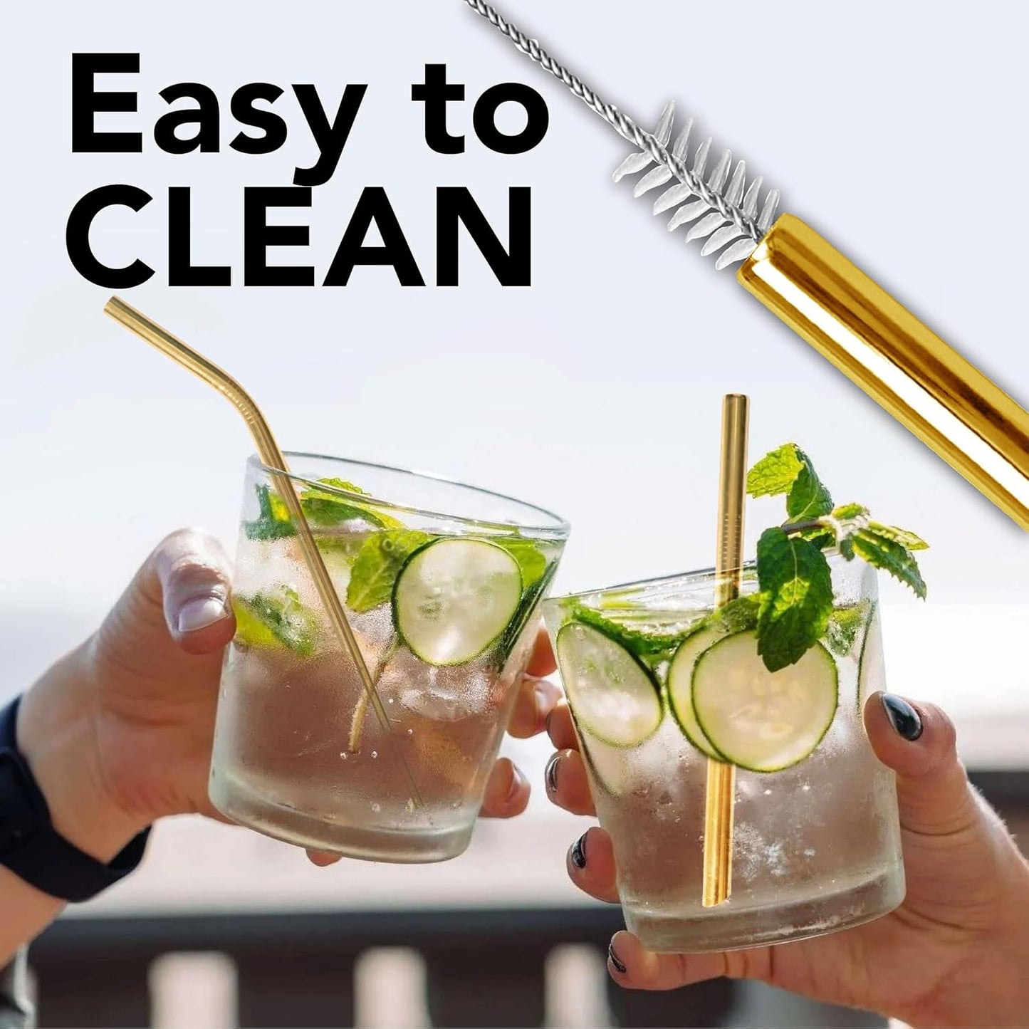 Gold stainless steel Reusable Straws-8.5" Set for smoothies, Juices &Coffee - 6-pack with Cleaning brush - Eco-Freiendly, Durable & Elegant Design