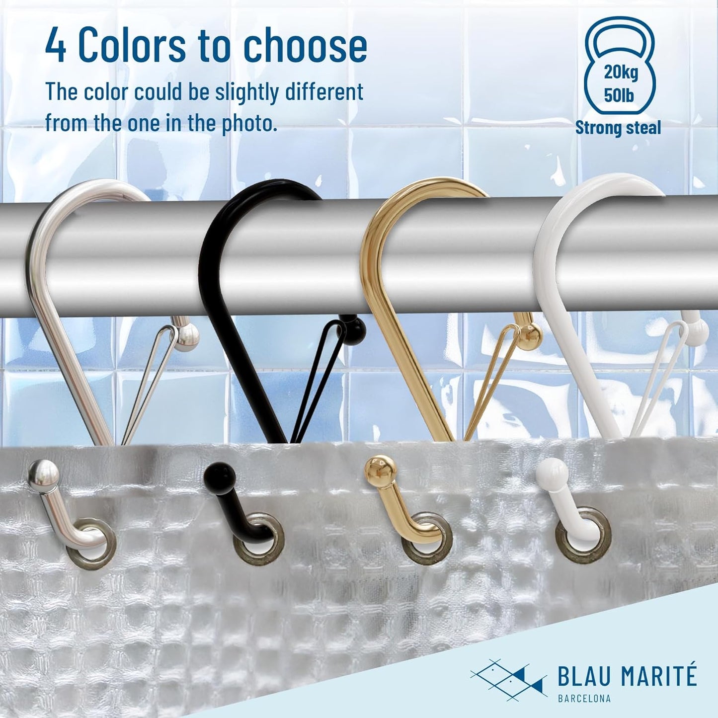 12 Decorative Metal Shower Curtain Hooks, S-Shaped Hooks with Anti-Fall System, Rust-Proof Shower Rings with Safety Buckle, Fits Rods Up to 1-Inch Diameter (S, Gold)