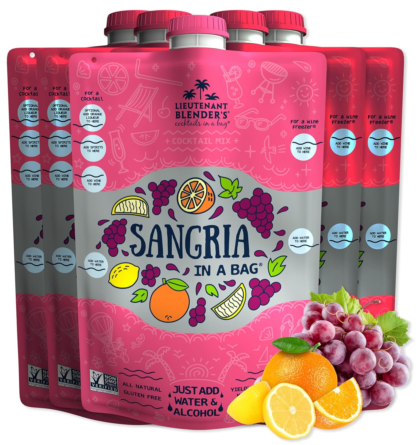 Lt. Blender's Sangria in a Bag – Wine Slushie Mixes - Each Bag Makes 1/2 Gallon of Frozen Red Sangria Mix – Non-GMO Wine Freezer Mix - Make with Wine, Liquor or as a Mocktail - (Pack of 5)