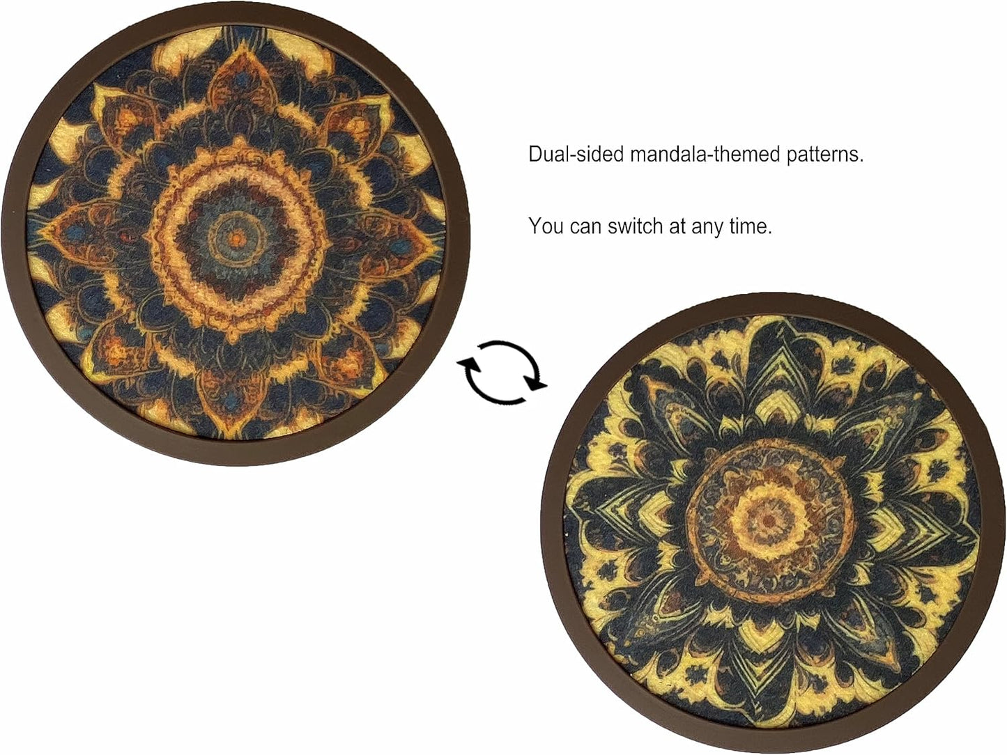 Absorbent Coasters for Drinks with Holder - 6packs, Silicone Coaster with Soft Felt Insert (4.3 inch Coasters with 4.5 inch Holder, Dual-Sided Mandala -Themed Patterns)