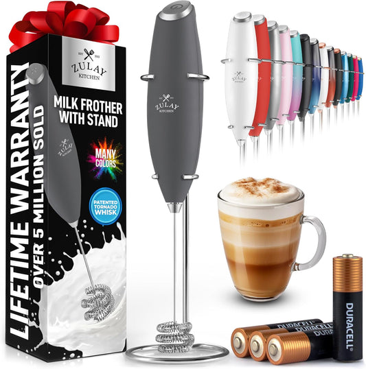 Zulay Kitchen Tornado Whisk Milk Frother with 4 AA Duracell Batteries - Triple Whisk for More Power - Handheld Coffee Frother with Stand - Drink Mixer for Lattes, Matcha & Protein Shakes