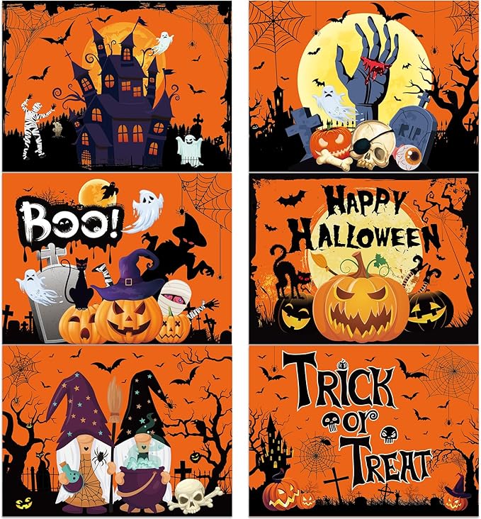 Plastic Placemats Set of 6 Halloween Table Mats - Trick or Treat Kitchen Decor - Wipe Clean, Washable, Recyclable - Orange Place Mats for Indoor/Outdoor - Heat Resistant - Kitchen/Dining Table