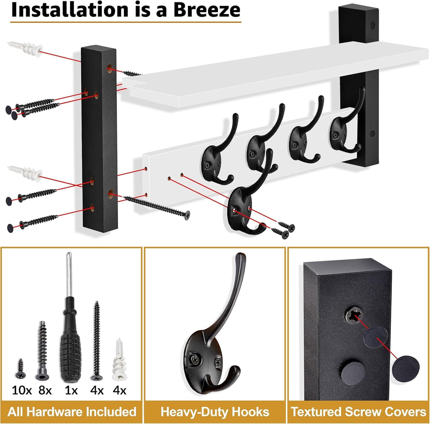 Sorbus Coat Hooks Wall Mount with Shelf – 16 Inch Coat Rack Wall Mount with 5 Heavy Duty Hooks – Floating Wall Shelf with Hooks for Entryway, Bathroom, Bedroom, Kitchen, or Mudroom (White)