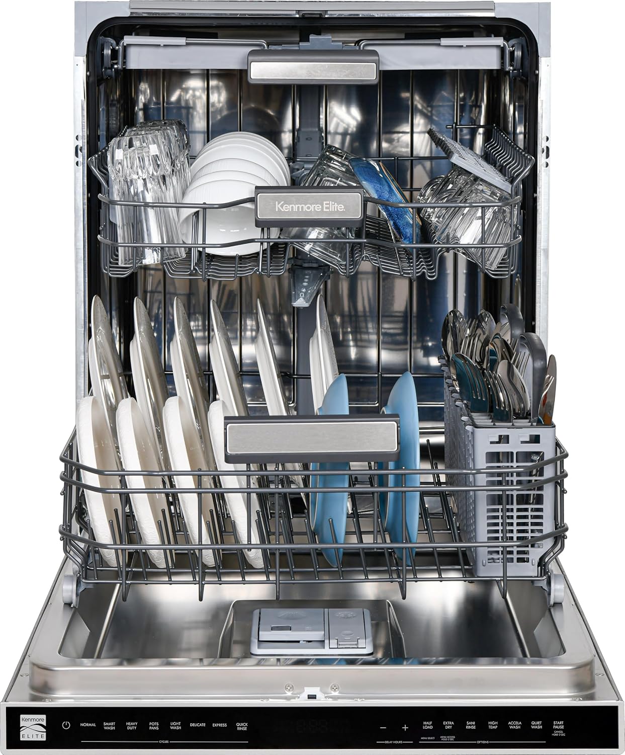 Kenmore Elite 24" Built-In Dishwasher - UltraWash Plus, TurboDry, QuietWash, SmartWash, TurboFlex Third Rack & Reach-Thru Handle - 15 Place Settings - 42 DBA - ENERGY STAR Certified - Stainless Steel