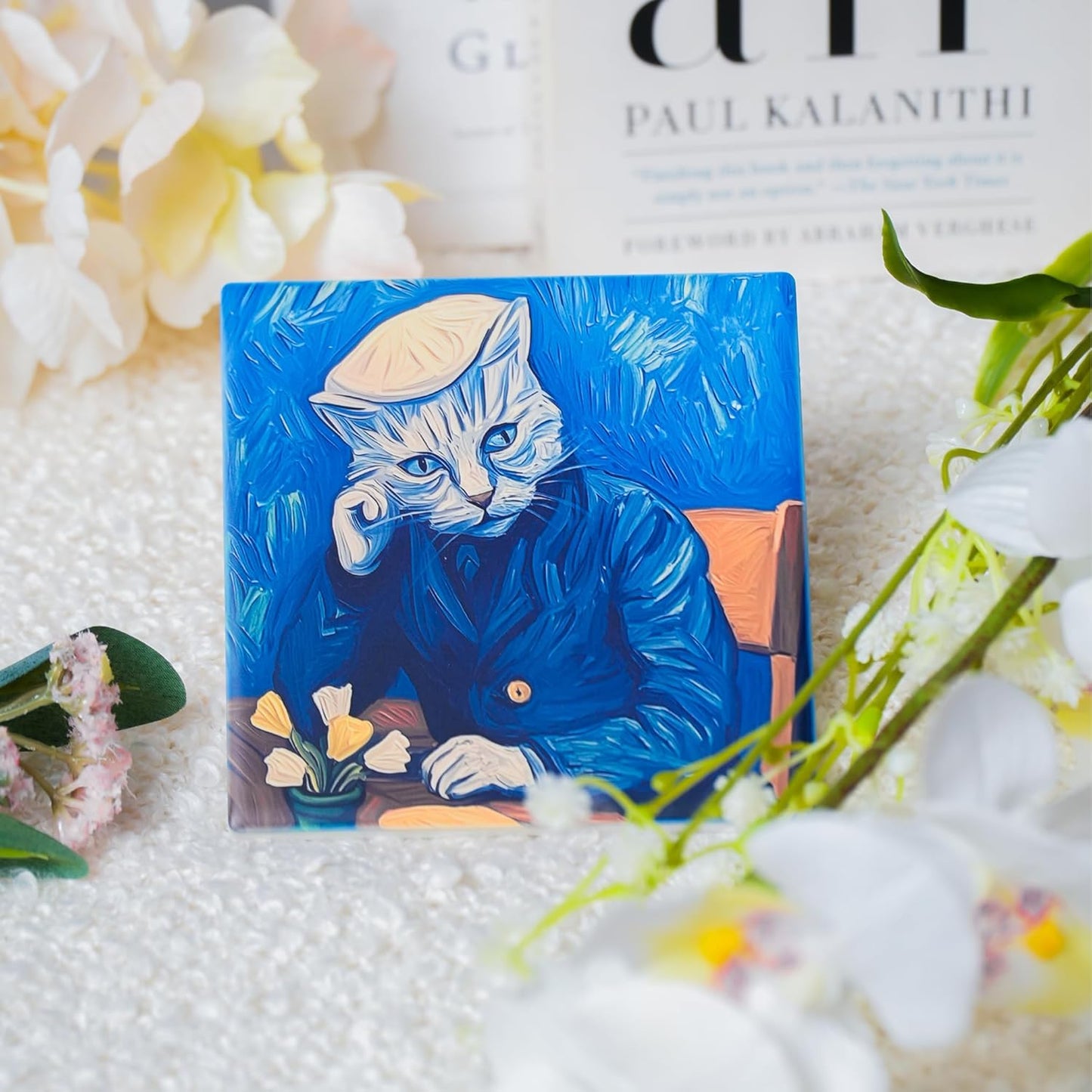 Ceramic Coasters Set of 4 – Square Drink Coasters with Cork Backing, 3.9x3.9 Inches – Decorative Printed Designs for Home, Office, or Gift Use (Starry Cats)