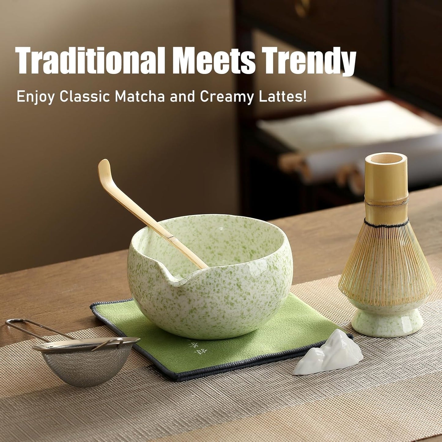 Matcha Whisk Set, Ceramic Matcha Set with Spout, Matcha Bowl Kit with Sifter, Whisk and Holder, Bamboo Scoop, Scoop Rest, Tea Towel, 7 Pcs Matcha Kit Set for Making Breakfast/Latte for Matcha Lovers