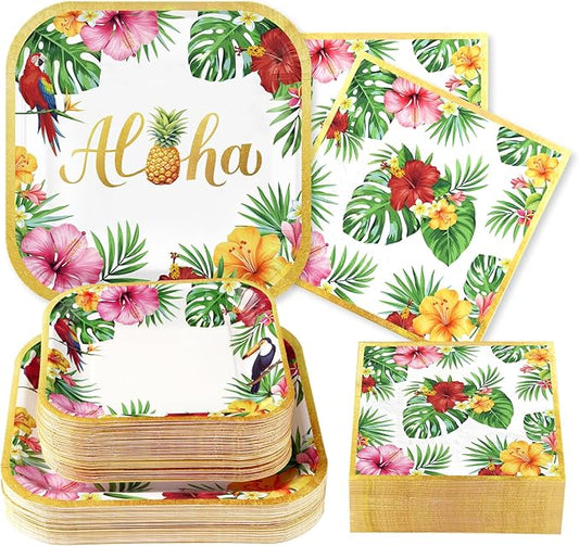 Grencian 200Pcs Hawaiian Luau Party Decorations Aloha Tropical Hibiscus Floral Luau Plates and Napkins Palm Leaf Tableware Sets for Summer Holiday Hawaiian Birthday Dinner Party Supplies Serves 50