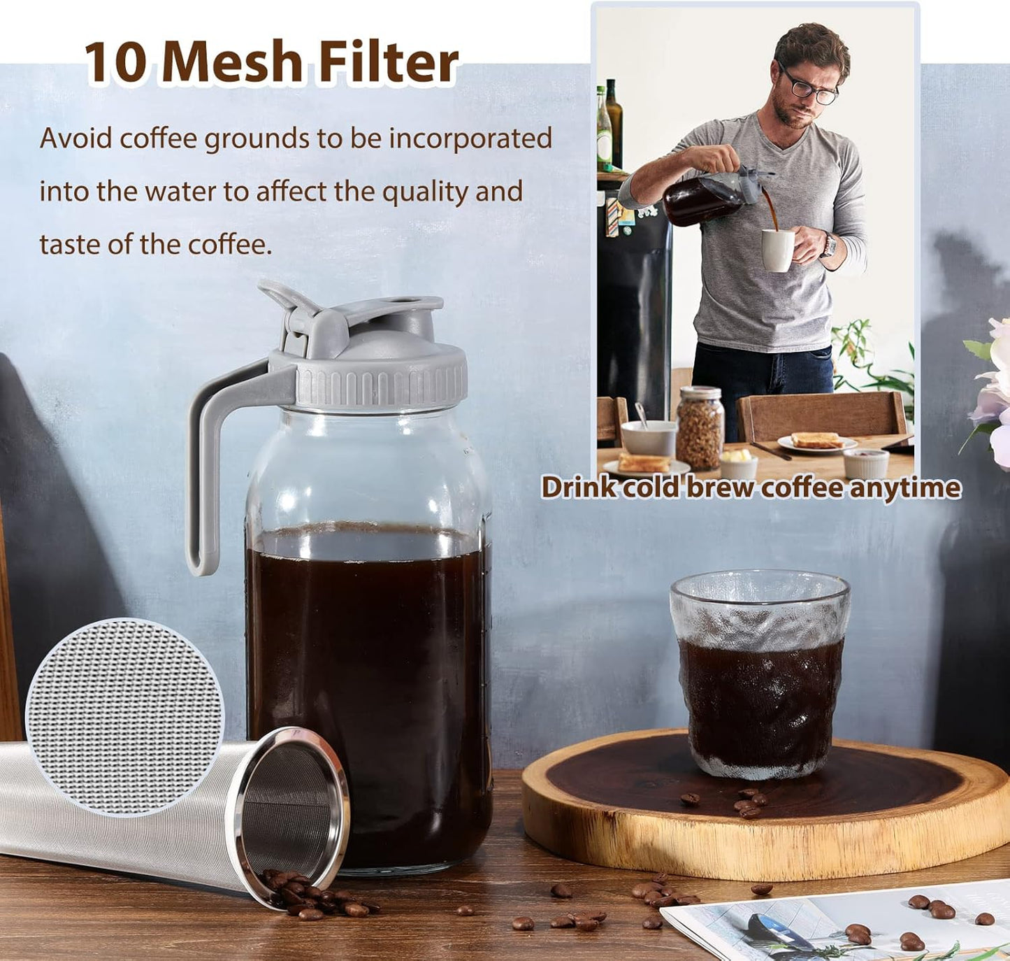 Cold Brew Coffee Maker Pitcher, 64 Oz Heavy Duty Wide Mouth Glass Mason Jar pour spout Lid with Stainless Steel Filter for Iced Coffee, Ice Lemonade, Fruit Drinks, Sun Tea