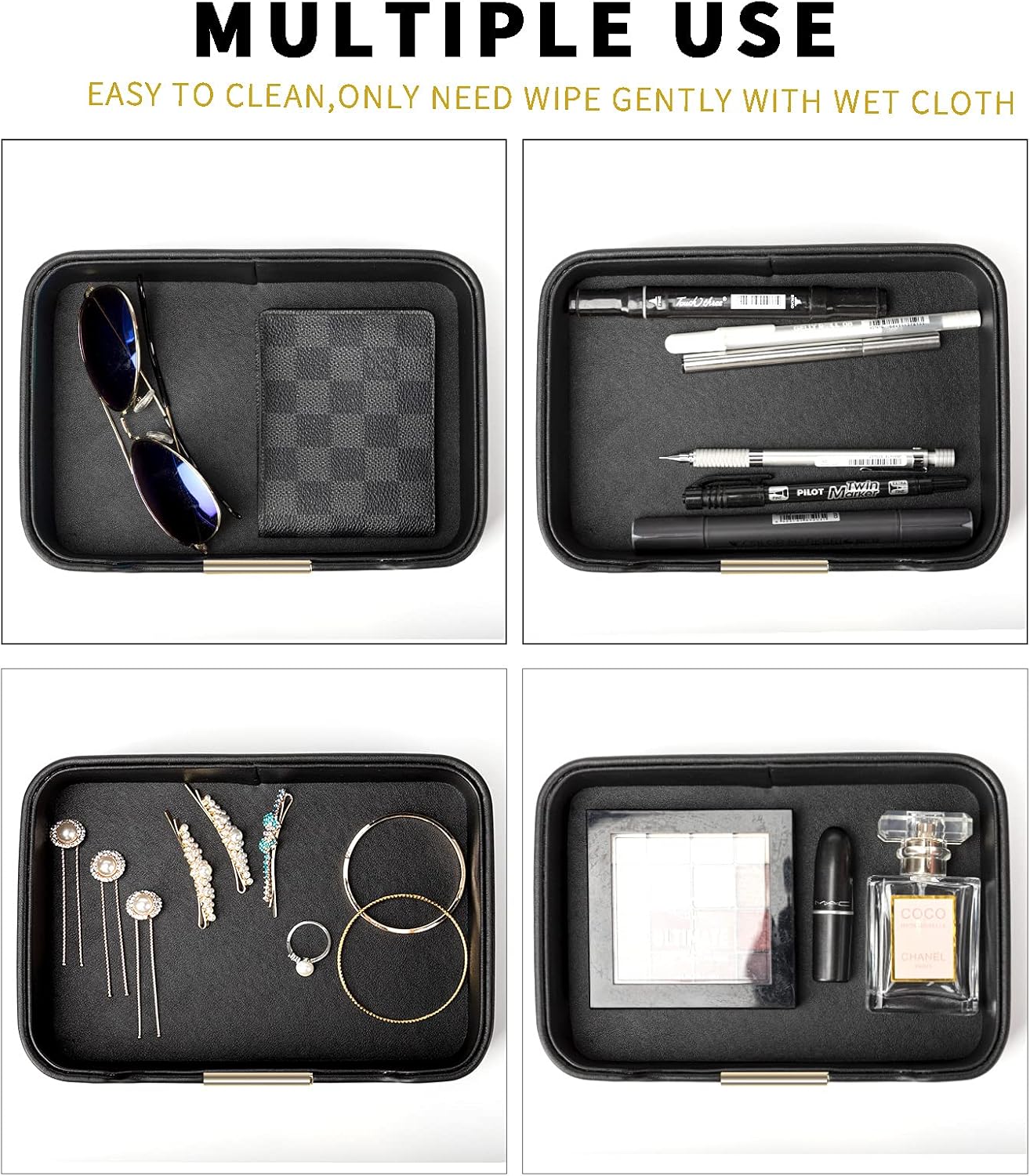 SANZIE Luxury Leather Tray Desktop Storage Catchall Organizer Decorative Tray for Entryway Table to Hold Jewelry Watch Keys Phone Wallet (Metal Glided, Black)