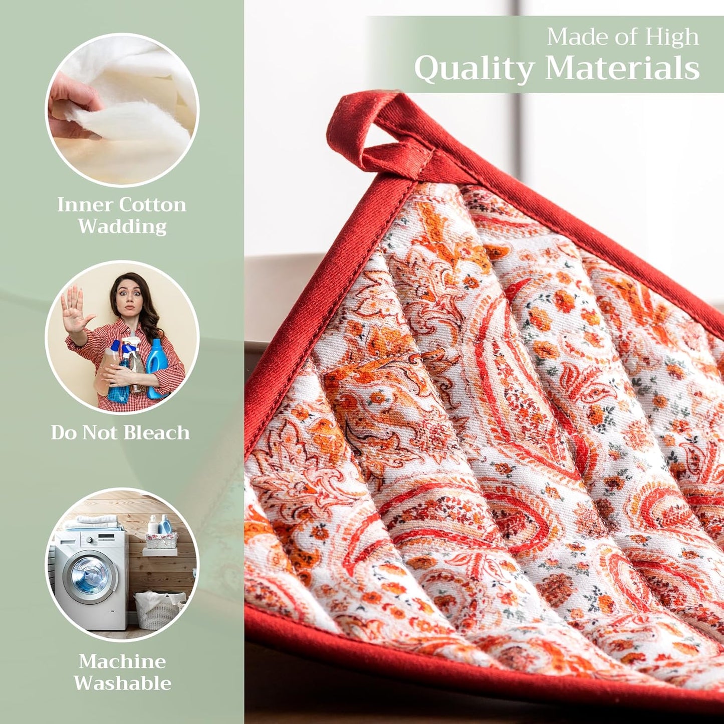 Maison d' Hermine Pot Holders Set 100% Cotton Heat Resistant Potholders 8" x 8" Hot Pads with Loop BBQ, Cooking, Baking, Grilling, Kitchen, Handling Hot Pans (Pack of 2, Orient)