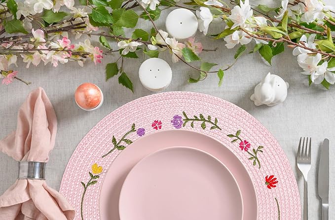 Whaline 4Pcs Round Placemats Spring Flower Embroidered Place Mats Pink Floral Dinner Table Mats for Home Holiday Wedding Bridal Baby Shower Birthday Party Decor
