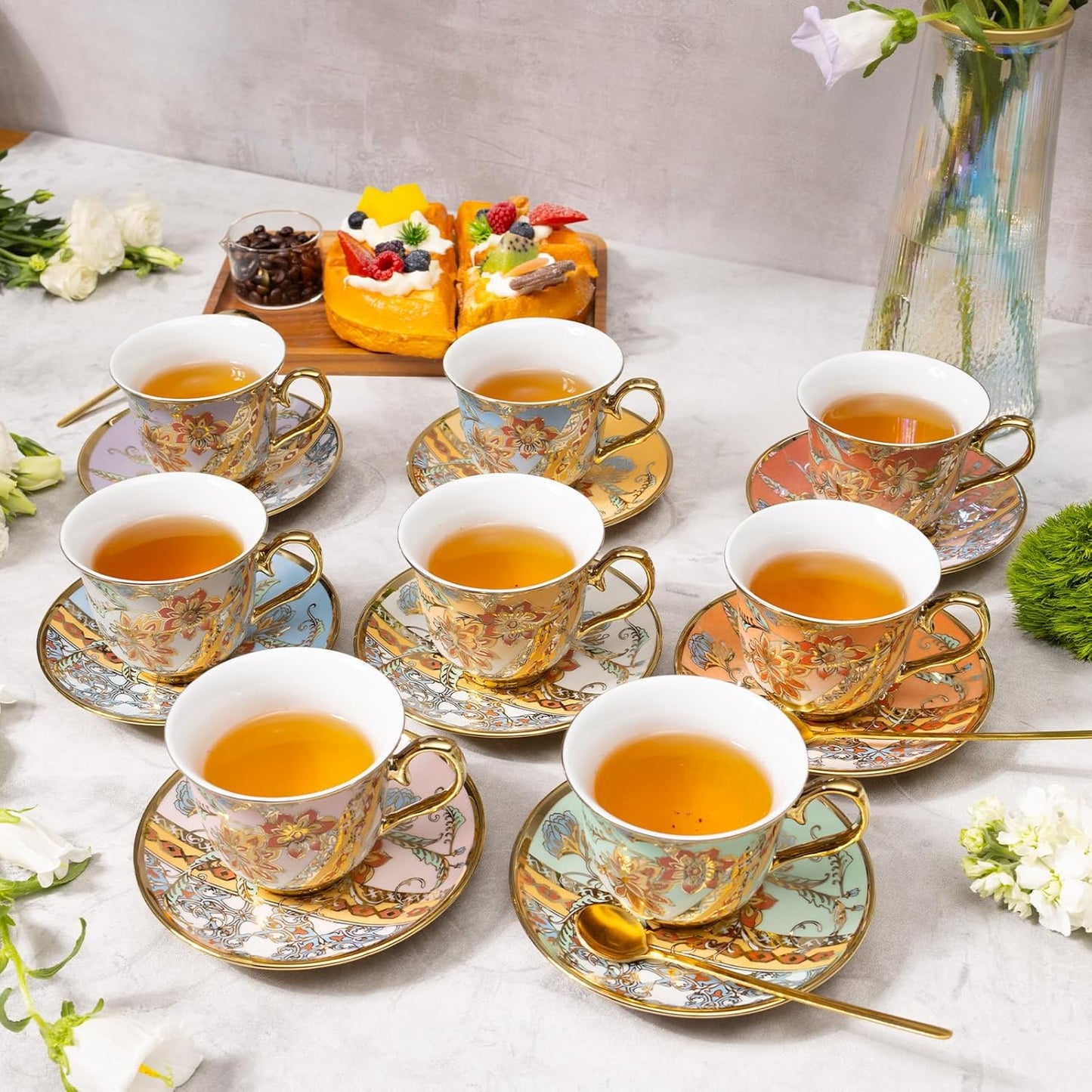 Tea Cups and Saucers Set of 8, 8 OZ Floral Tea Cup with Saucer, Vintage Tea Cups Porcelain Tea Set with Spoon for Latte, Mocha, Afternoon Tea Birthday Party Supply Thanksgiving Day Halloween gifts