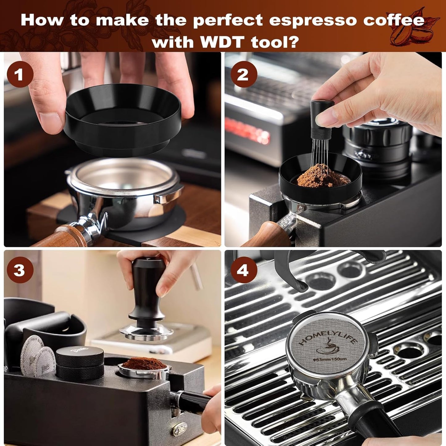 WDT Tools Espresso Puck Screen, 53mm Espresso Accessories Kit - 150μm Puck Screen Set, 0.25mm 316 Stainless Steel 8 Needles Coffee Distribution Stirrer, Portafilter Dosing Ring for Barista Black