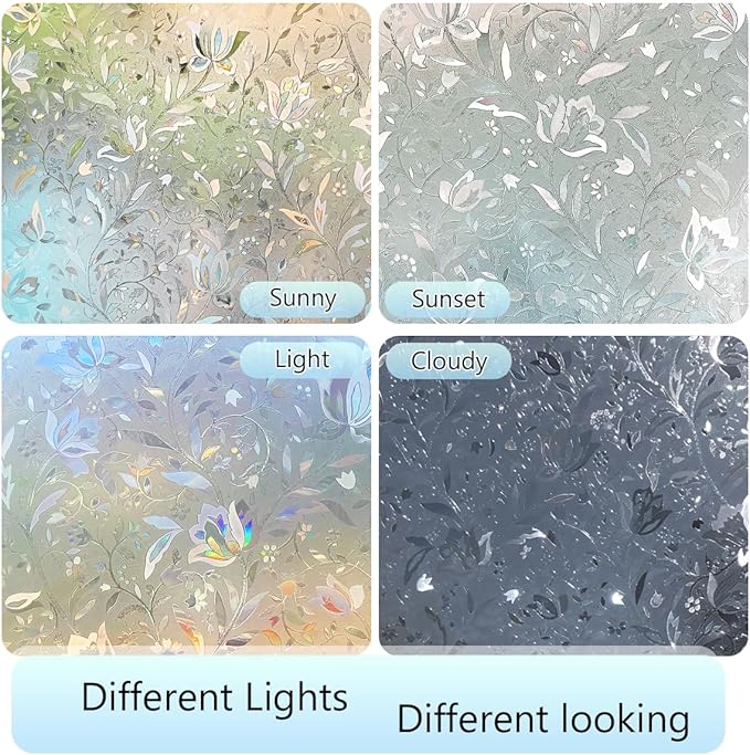 HIDBEA Window Privacy Film, 3D Stained Glass Static Cling - Sun Blocking Anti-UV Heat Control, Reusable Decorative Film for Home/Office Doors, Rainbow Tulip Design (29.5 in x 78.7 in)