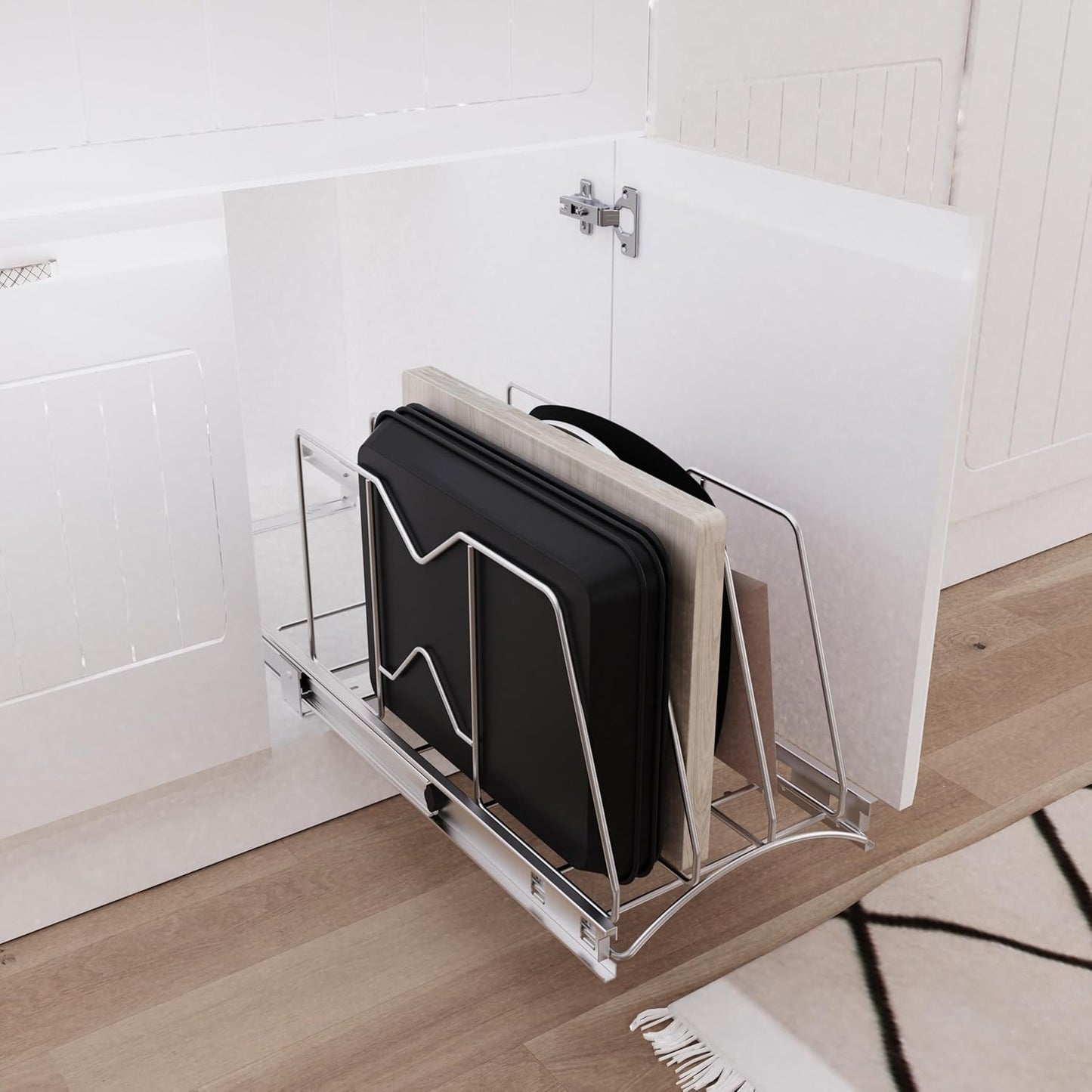 Pull Out Cookie Sheet Organizer for Cabinet, Pan and Pot Rack, Cutting Board Organizer Rack, Baking Tray Organizer for Cabinet, Adjustable Divider Width, 11" W x 22" D x 11.8" H, Chrome