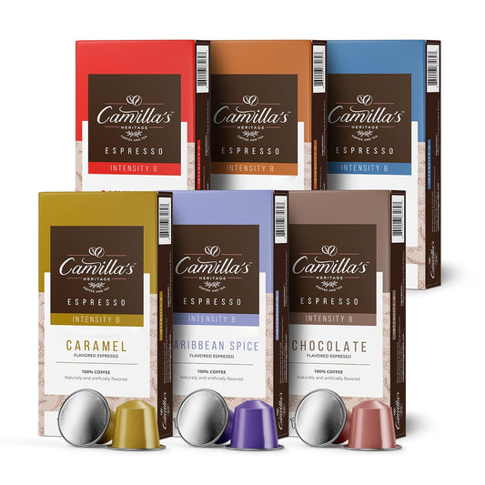 Camilla’s Heritage - Intensity 8 Flavored Espresso Coffee Variety Pack (Caribbean Spice, Cinnamon, Hazelnut, Chocolate, Caramel & Vanilla Espresso Cups) 60 Coffee Pods