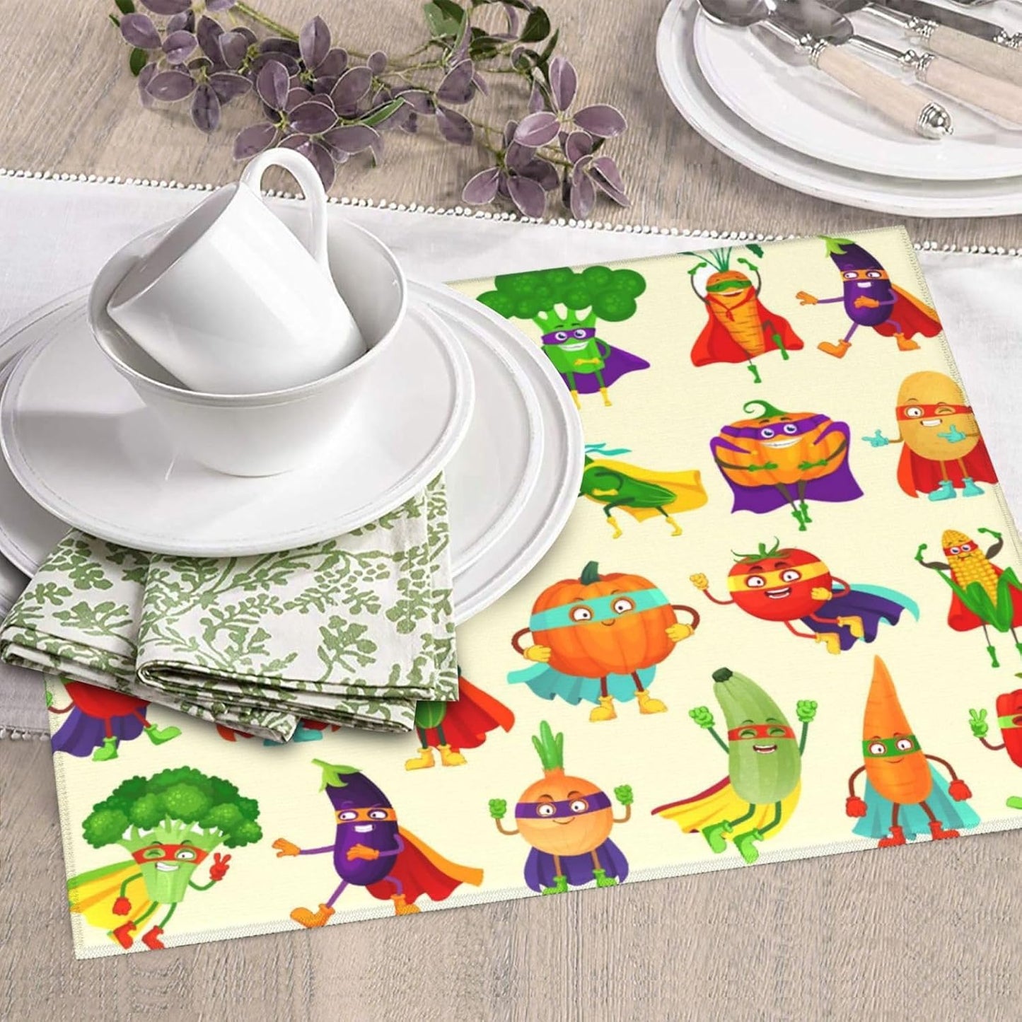 Vegetable Superhero Cartoon Dish Drying Mats for Kitchen Counter, Absorbent Microfiber Cute Drying Pad for Dishes, Decorative Kids Kitchen Mat for Sink, Dishes Utensils, Dining Area, 16" x 18"