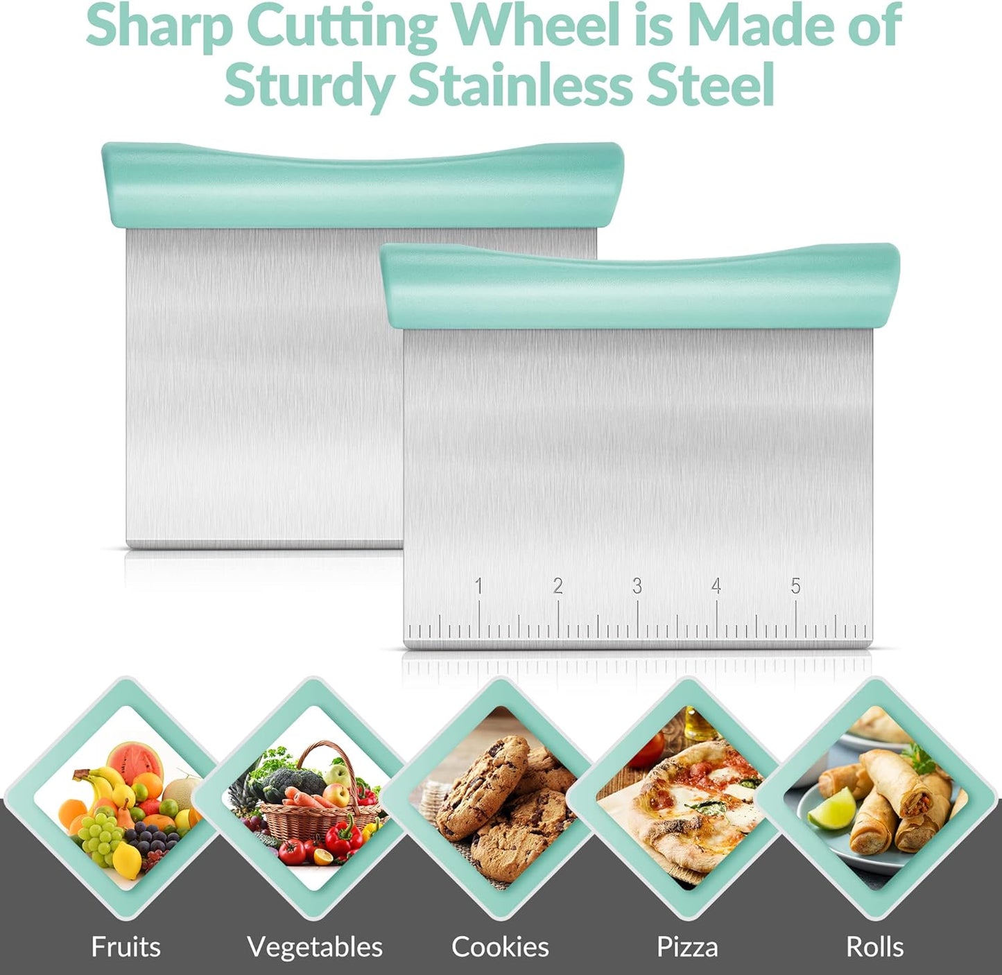 Rainspire Bench Scraper, Stainless Steel Dough Scraper, Pastry Scraper, Pizza and Dough Cutter Multi-Purpose Scraper/Chopper, Pizza Cutter Food Chopper Baking Supplies Kitchen Gadgets, Mint Green