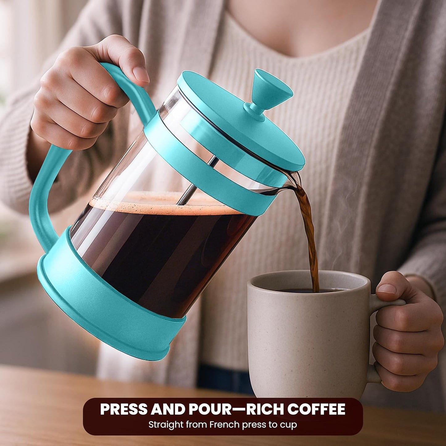 Utopia Kitchen French Press Espresso and Tea Maker with Triple Filters, Stainless Steel Plunger and Heat Resistant Borosilicate Glass (Aqua, 12-oz (Pack of 1))