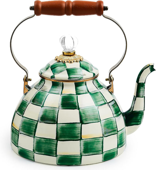 MACKENZIE-CHILDS Enamel Tea Kettle, Stylish Tea Kettle for Stovetop, Green-and-White Emerald Check, 3 Quarts