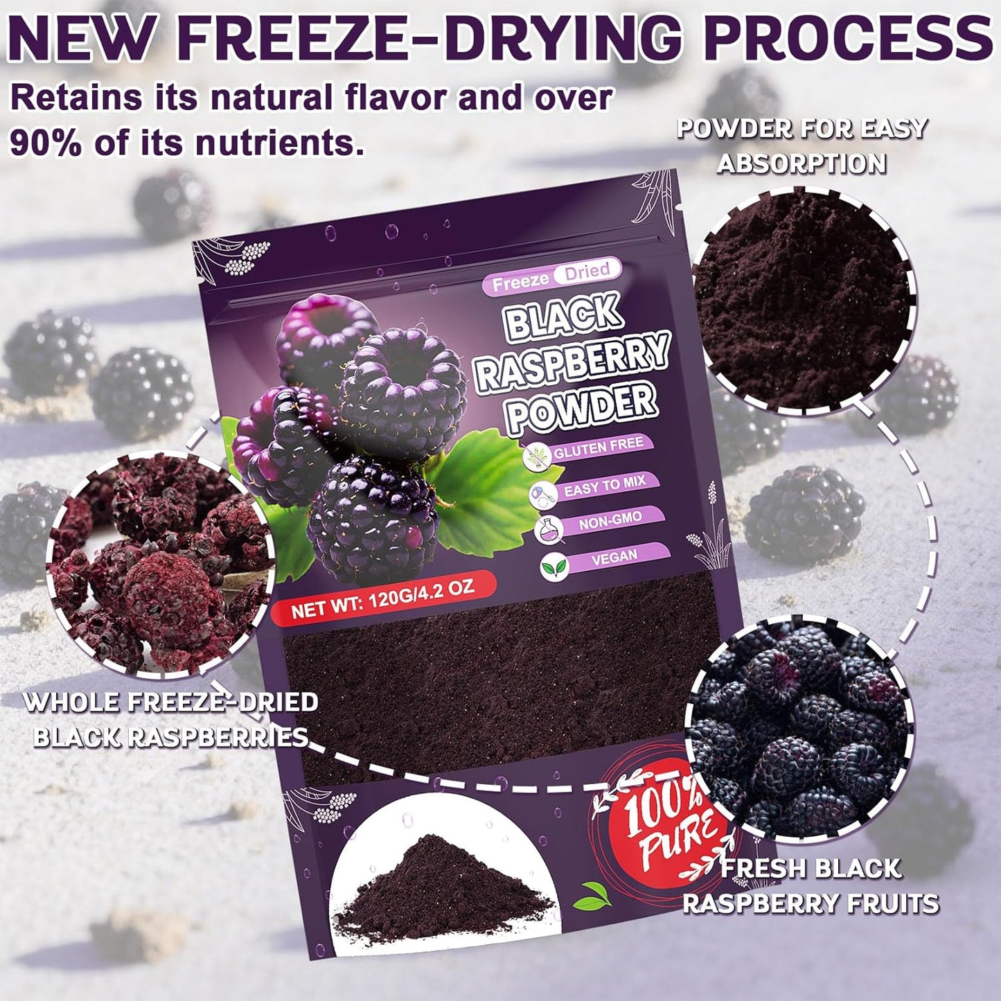 Freeze Dried Balck Raspberry Powder - 100% Black Raspberry Extract Fruit Powder for Smoothies, Made from Whole Raspberries No Additive Natural Food Coloring for Baking, Cake Decoration - 4oz