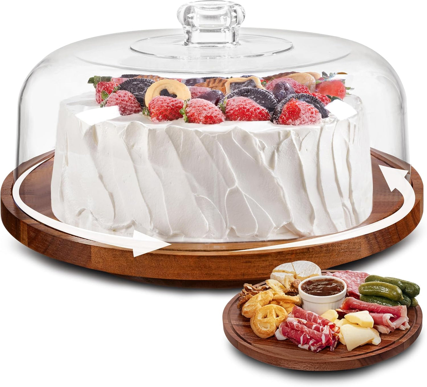 HBlife Cake Stand with Lid (11.4"), Rotating Cake Stand with Acrylic Dome, Acacia Wood Cake Plate Display with Cover for Baking Gifts, Birthday Kitchen Parties, Weddings
