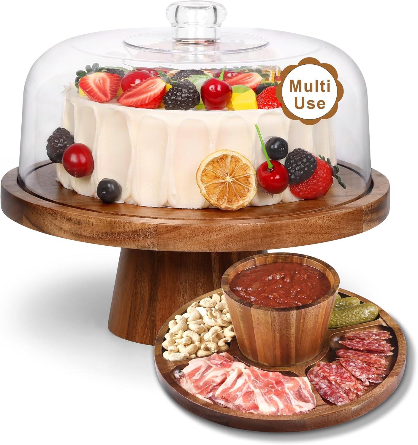 Bellsal Acacia Wood Cake Stand with Lid - 12in Round Cake Holder, 2-in-1 Dessert Table Display Set & Charcuterie Board for Cheese, Chips & Dips, Nachos, Fruit Platter, Large Acrylic Cake Dome Cover