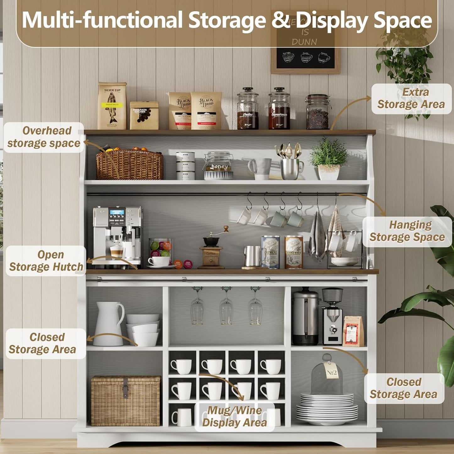 55 Inch Farmhouse Coffee Bar Cabinet with 3-Tier Enclosed Storage Cabinet, Kitchen Hutch with 12 Wine Racks & 3 Glass Holders, Coffee Bar with 6 Hooks, Wood Furniture for Dining Living Room, White