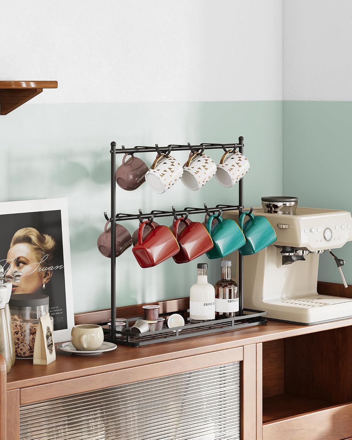 OROPY Coffee Mug Holder for Countertop, 14-Hook Mug Tree Rack for 14 Cups, 2 Tier Mug Display Stand with Heavy Duty Metal Base