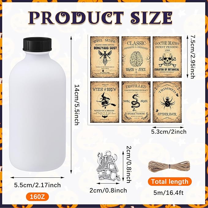 Uiifan 31 Pcs Halloween Potion Bottles Set Including Glass Apothecary Bottles with Cork Stickers and Pendants Halloween Decorations Indoor Party Supplies(White, Black,8.5 oz)