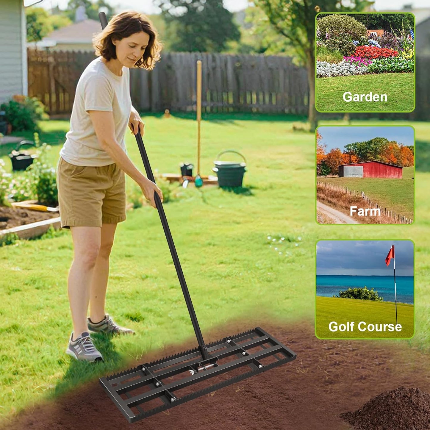 Lawn Leveling Rake-17"x10" Heavy Duty Leveler Reinforced Landscape Tool, Steel Lawn Rake with Serrated Edge & Smooth Plate for Level Soil Compost Sand Grass Dirt Yard Garden 6.5FT Adjustable Handle