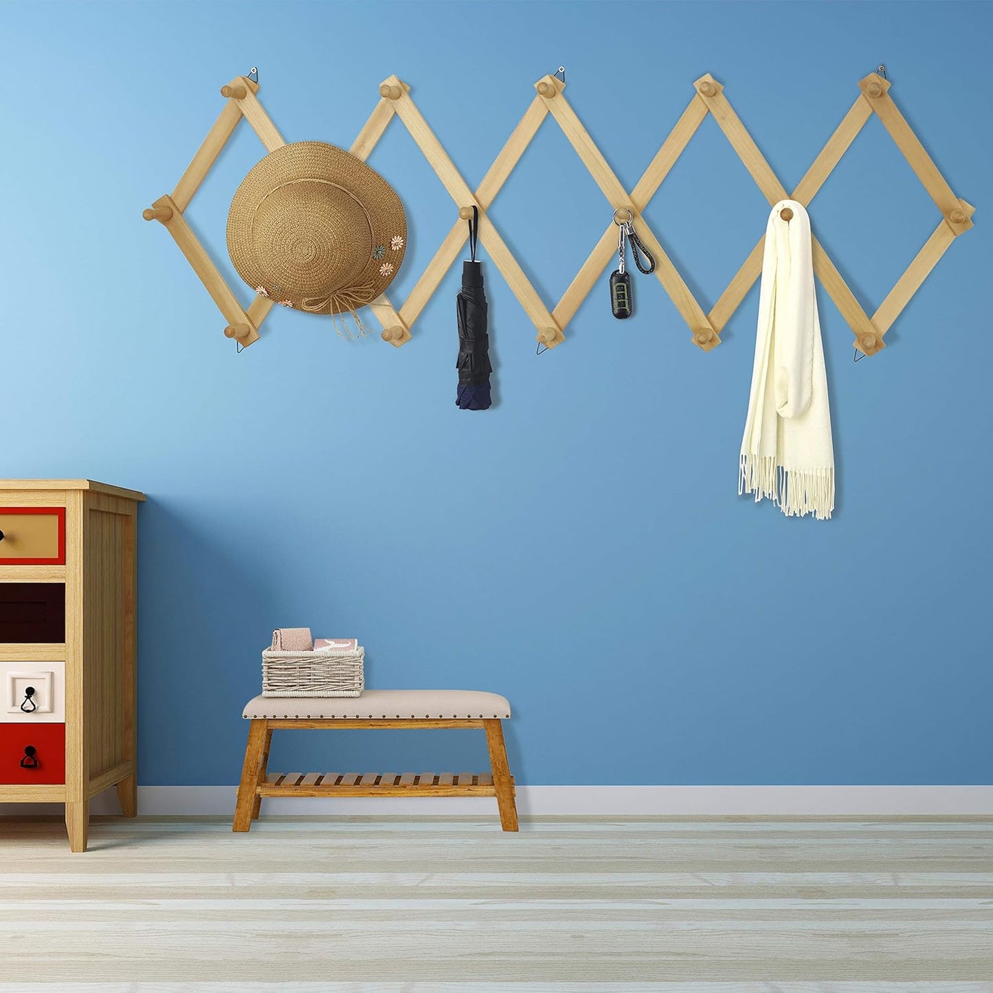 Dseap Accordian Wall Hanger: 16” High Wooden Wall Expandable Coat Rack, Hat Rack Holder, Accordion Hook for Baseball Caps, Coats, Mugs, 16 Peg Hooks, Natural