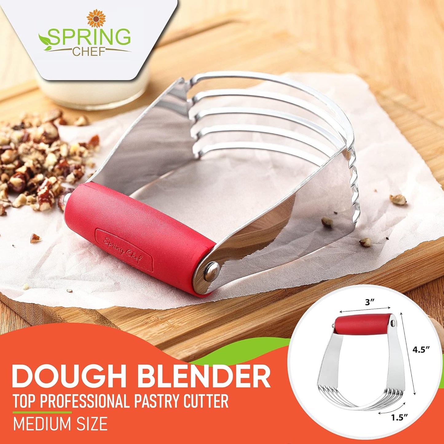 Spring Chef Dough Blender, Top Professional Pastry Cutter, Heavy Duty Baking Tool with Stainless Steel Blades, Medium Size, Red