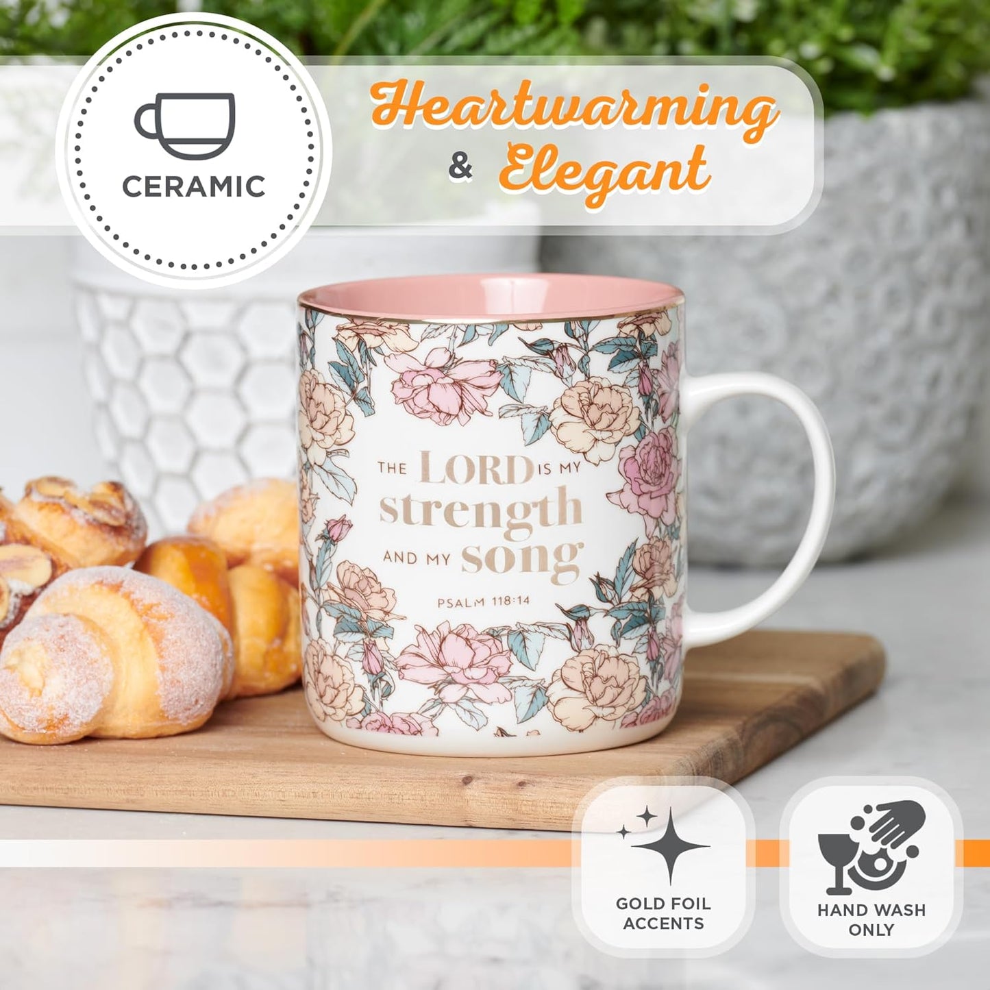 Christian Art Gifts Pink Floral Ceramic Coffee Mug – 14 oz. Lead and Cadmium-free Non-toxic Inspirational Scripture Coffee and Tea Mug for Women with Bible Verse: My Strength and My Song –Psalm 118:14