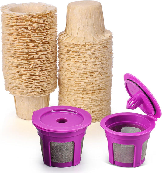 100 Count Natural Disposable Paper Coffee Filters with 2 Reusable K Cups Compatible with Keurig Brewers Single Serve 1.0 and 2.0