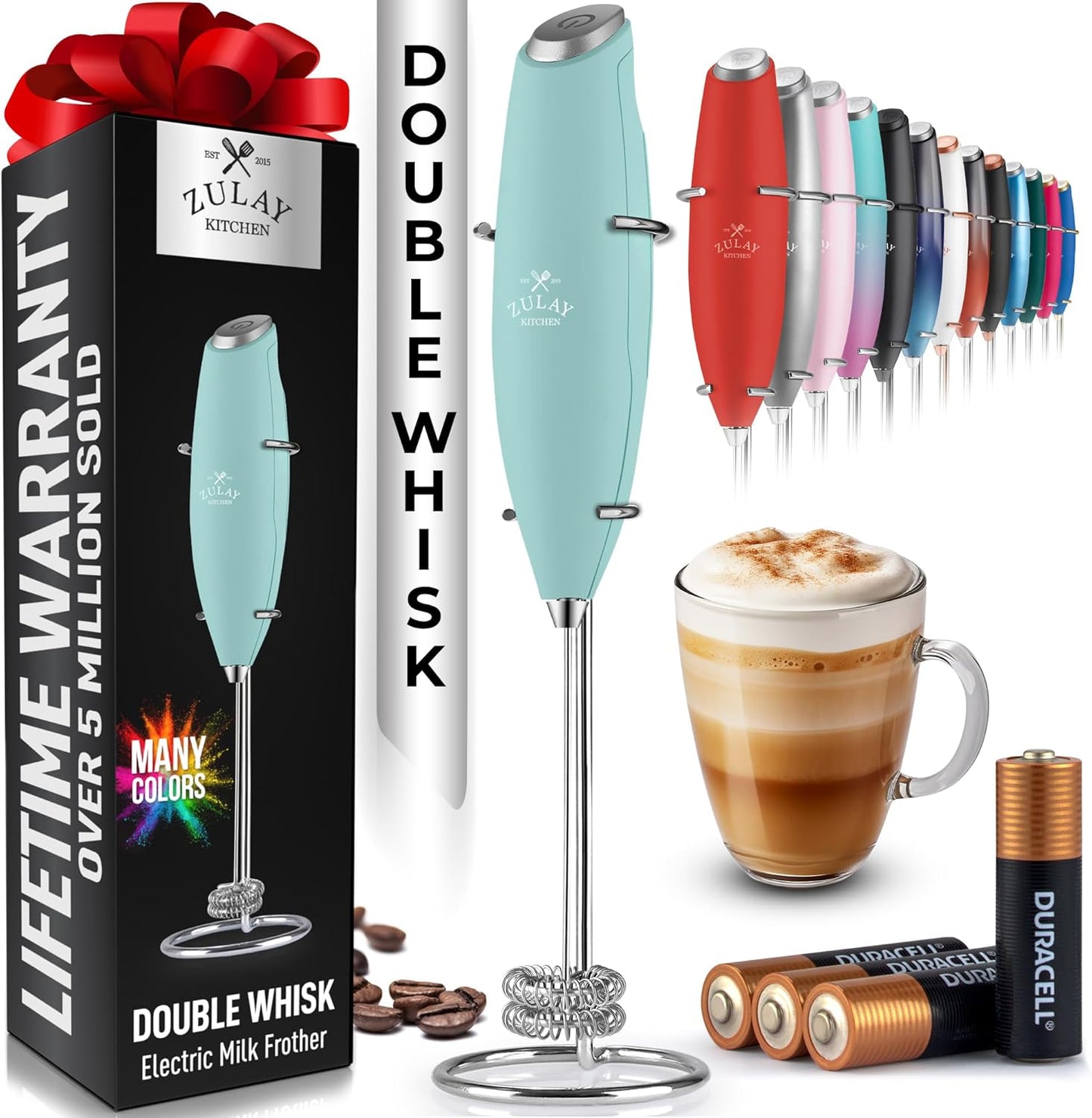 Zulay Kitchen Whisk Milk Frother with 4 Duracell Batteries - Powerful Handheld Foam Maker for Coffee, Lattes, Matcha, Hot Chocolate & Cappuccinos - Whip Creamy Froth in Seconds