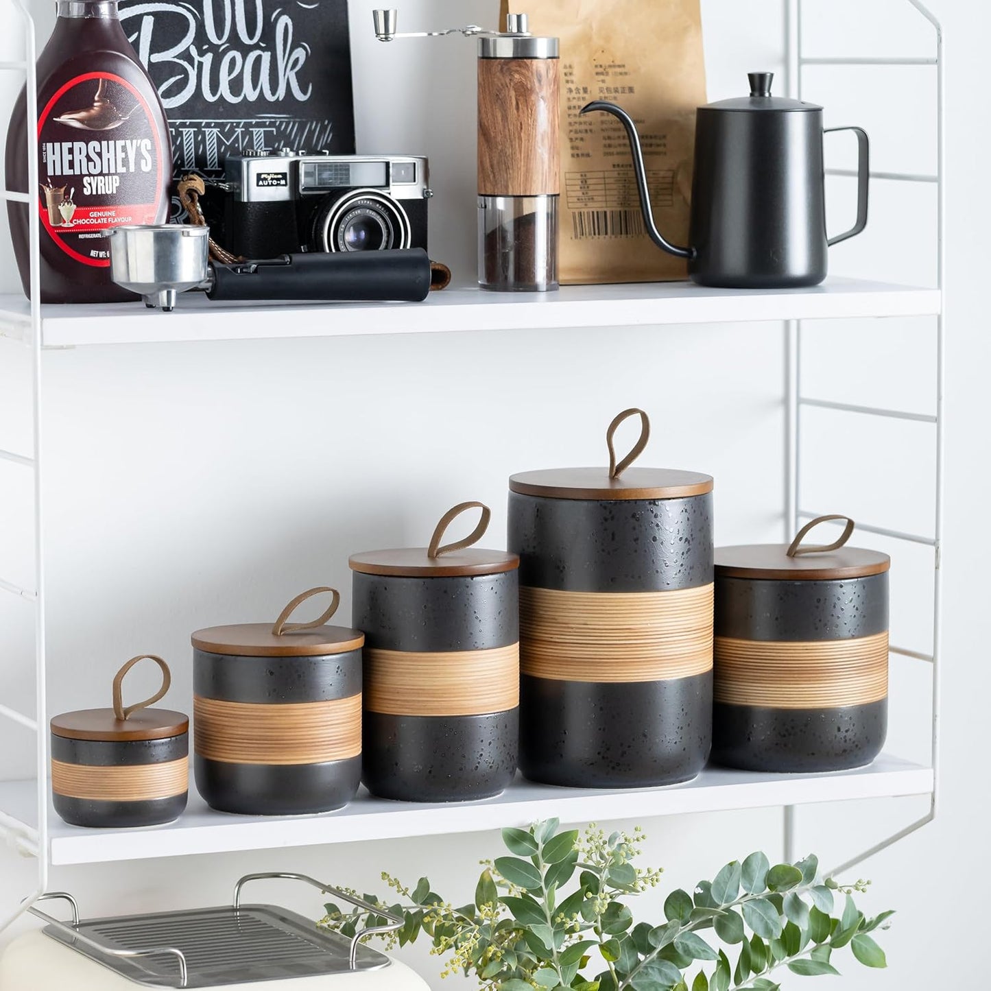 Coffee Container Jar with Lid, Ceramic Kitchen Food Storage Jars for Spice Sugar Cookie, Stackable Decorative Jars for Coffee Bar, Black & 28 fl.oz