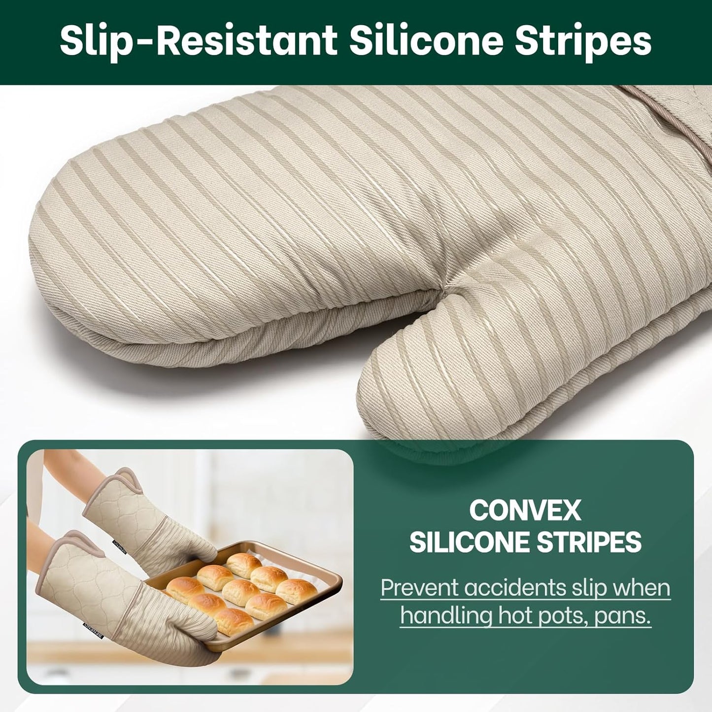 Beneno Kitchen Oven Mitts 2-Pack Heat Resistant to 500°F with Non-Slip Silicone Grip, Extra Long 14.3" Forearm Protection, Soft Quilted Cotton Terry Lining, Ideal for Cooking, Baking, Grilling, Beige