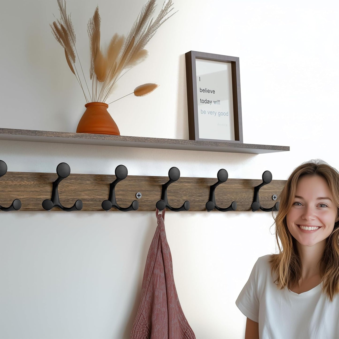 SKOLOO 43-Inch Wood Burnt Coat Rack Wall Mount with 8 Triple Hooks - Ideal for Family Entrances, Classrooms, and Pet Supplies Storage - Perfect Coat Hooks for Wall, Pack of 2