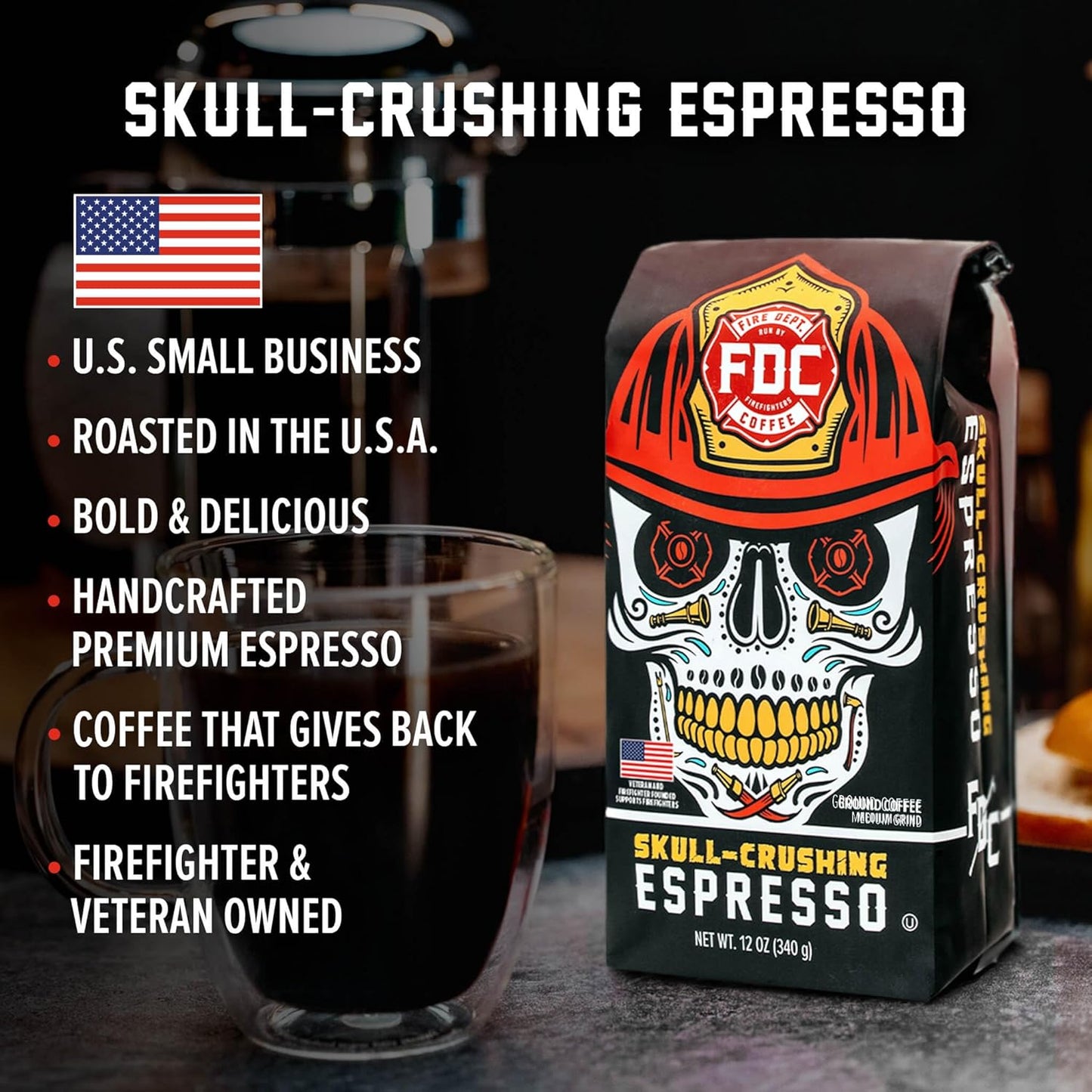 Fire Department Coffee - Gives Back to Firefighters - Full-Bodied & Bold Skull Crushing Espresso Ground Coffee - Roasted in the USA - Veteran Owned - 12 oz
