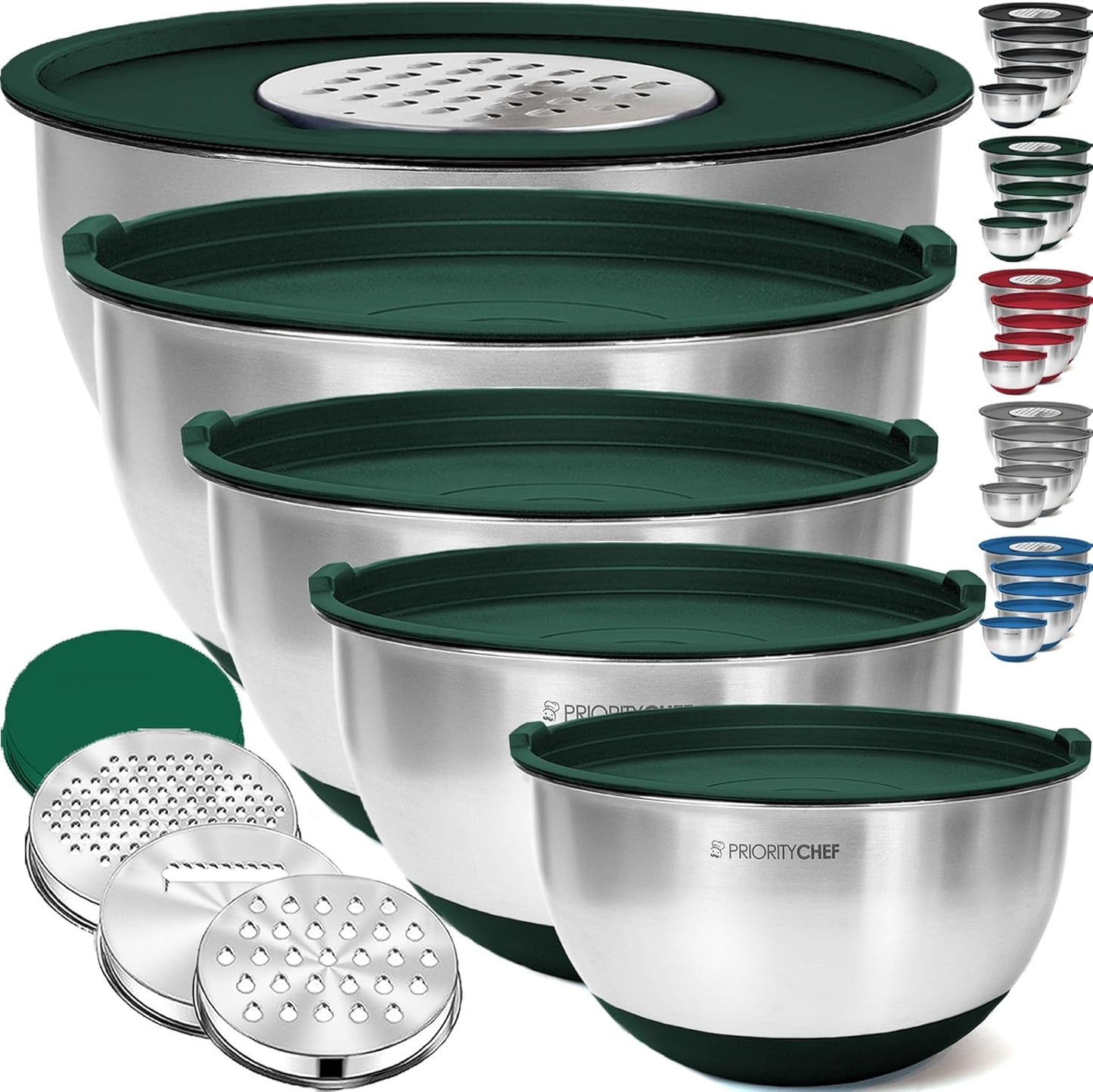 Priority Chef Stainless Steel Mixing Bowls with Lids Set, 3 Grater Attachments, Airtight Lids, Non-Slip Silicone Base Mixing Bowl Set, Large Prep Metal Mixing Bowls for Kitchen, Green