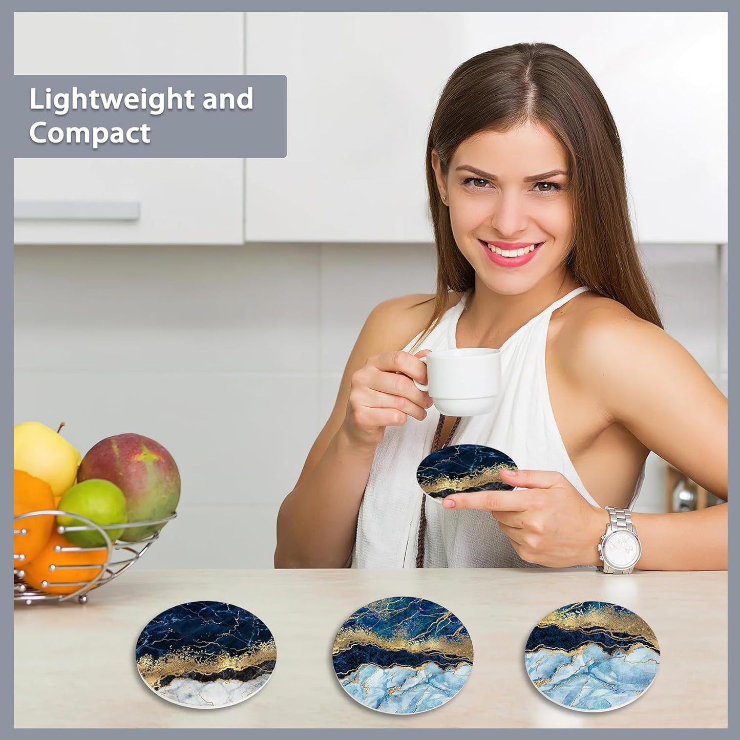 6 Pcs Coasters for Drinks with Holder,Blue Gold Marble Absorbent Coaster with Cork Backing,Great Gift for Housewarming,Room Decor,Bar,Holiday Party