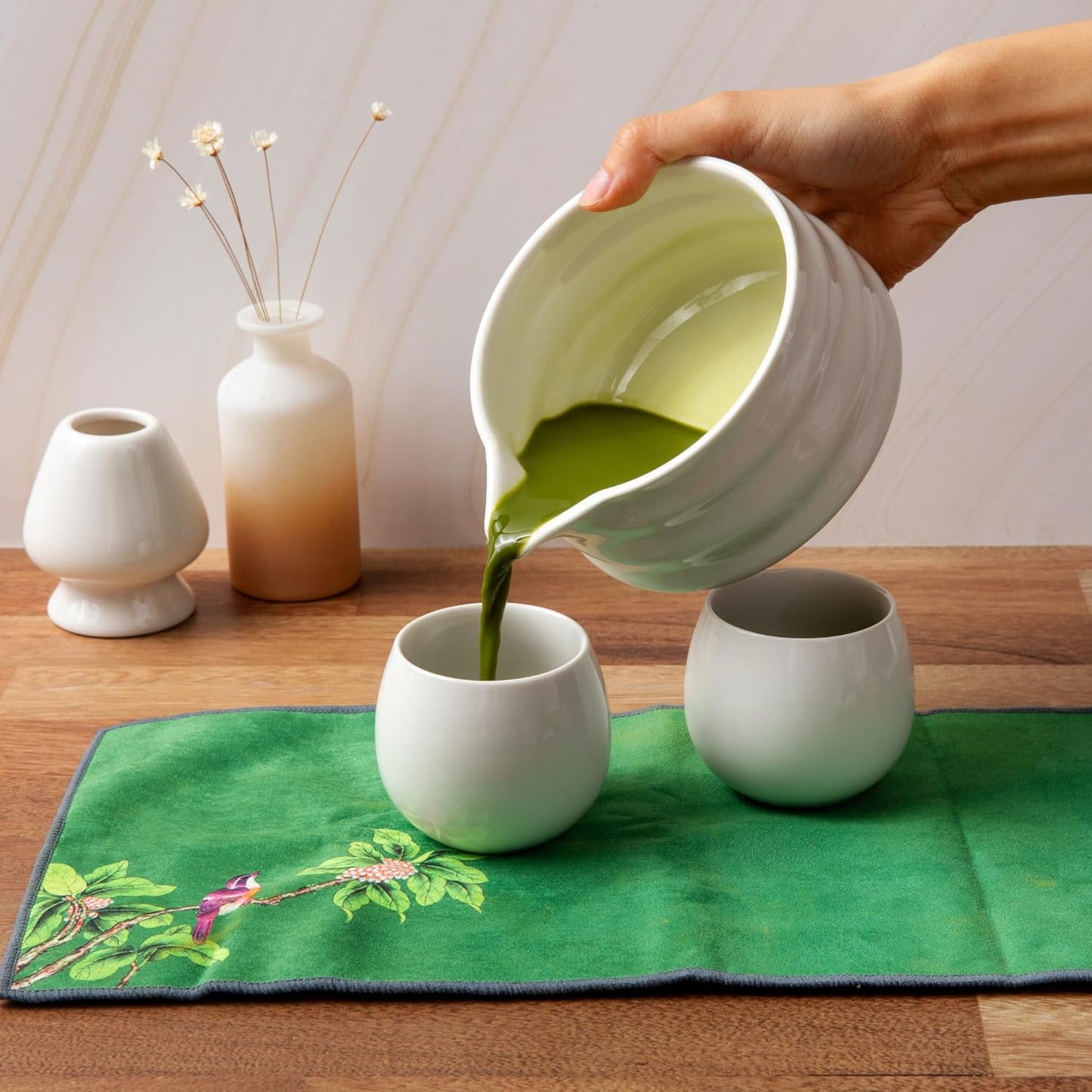 Marce Matcha Whisk Set- Matcha Set includes Matcha Whisk and Bowl (Bowl with Spout), Sifter, Holder and Scoop- The Perfect Bamboo Whisk for Matcha Tea (White- 7PC)