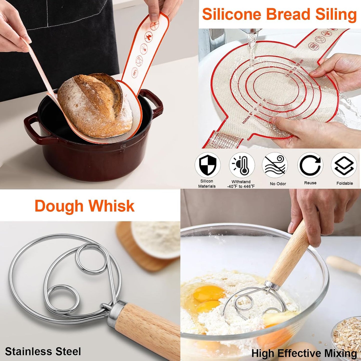 2PCS 9Inch Round Banneton Bread Proofing Basket Sets,Sourdough Bread Baking Supplies with Linen Liners,Silicone Bread Sling,Danish Whisk,Scoring Cutter,Dough Scraper