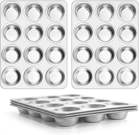 E-far Stainless Steel Muffin Pan Set of 5, 12 Cups Cupcake Pans Tins for Baking, Non-Toxic Metal Muffin Tray Molds for Small Mini Cupcake, Heavy Duty & Regular Size, Rust Free & Dishwasher Safe