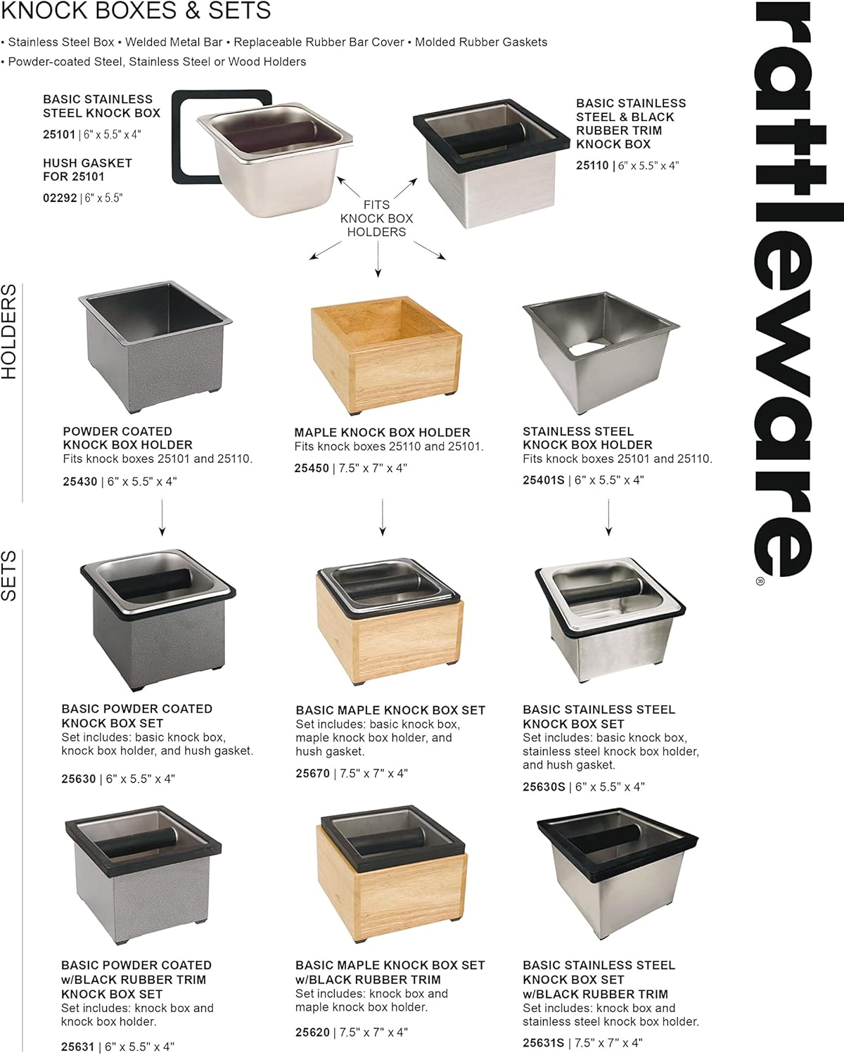 Rattleware Stainless Steel Knock Box with Maple Holder – Heavy-Duty Espresso Knock Bin, Perfect Coffee Bar Accessories, Durable Barista Accessory, Easy to Clean Grounds Container