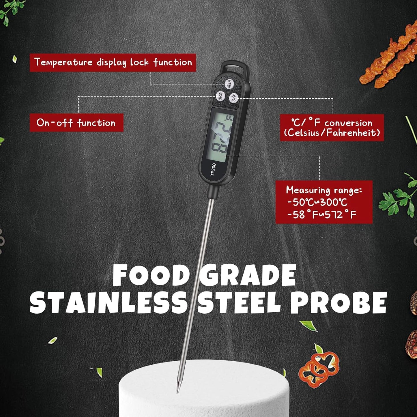 12 Pcs Meat Food Thermometer Food with Probe Water Liquid Instant Read Digital Thermometer Kitchen Cooking Supplies for Cooking BBQ Milk Yogurt (Black)